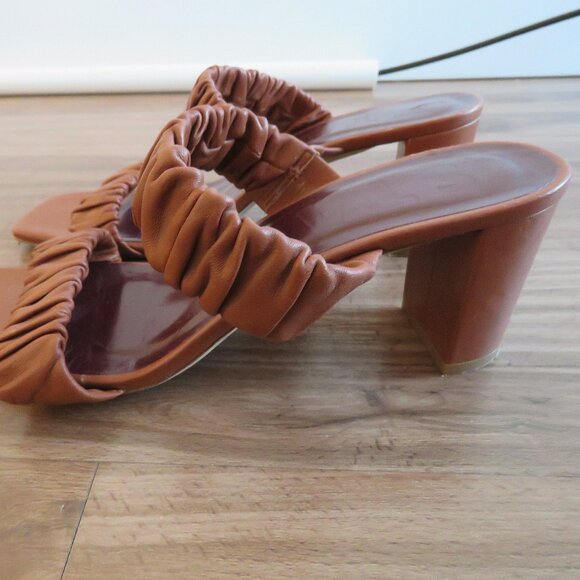 STAUD Frankie Ruched Block Heel Mule Slip On Shoes in Tan Leather - Size US 8 - Picture 6 of 16